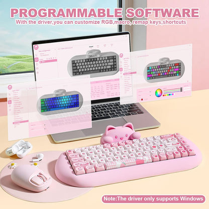C68 Wireless Mechanical Keyboard,65% Layout,Hot Swap,Triple Mode Bt5.0/2.4G/Wired, RGB Backlit NKRO (Pink, Milk Switch)