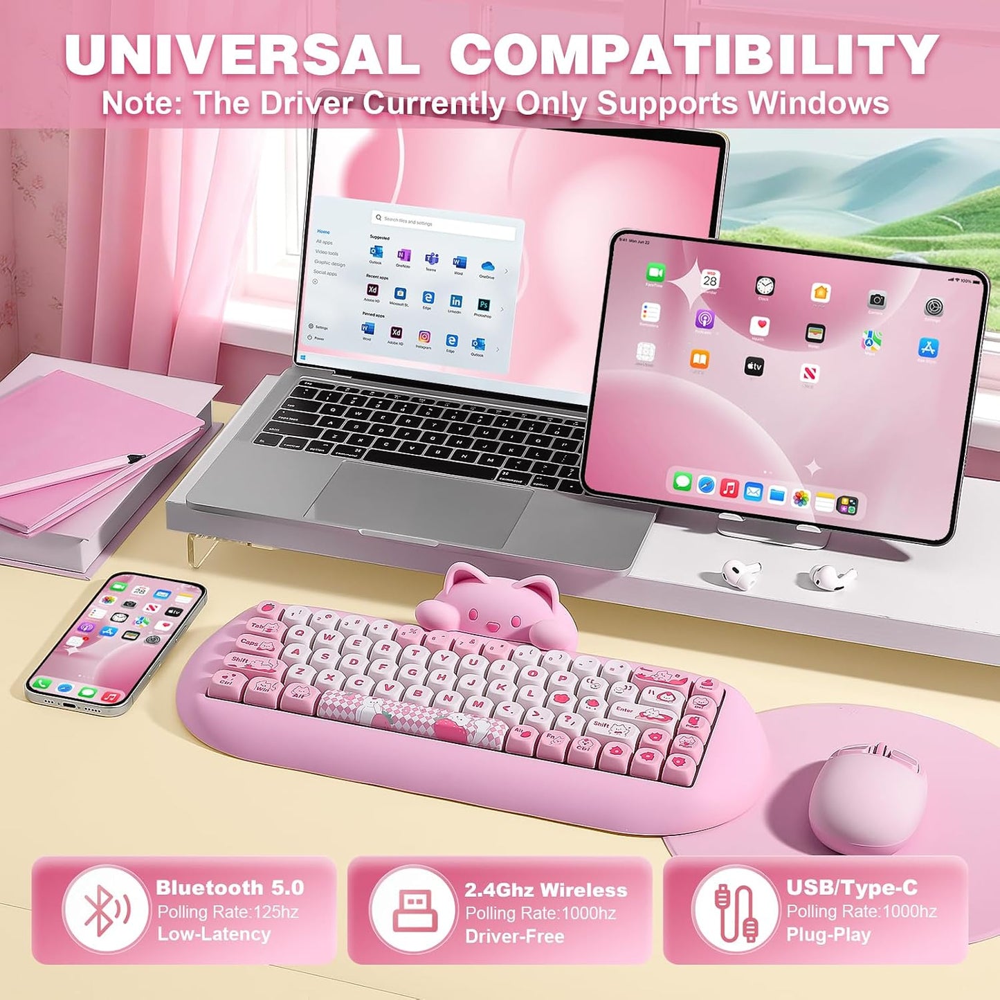 C68 Wireless Mechanical Keyboard,65% Layout,Hot Swap,Triple Mode Bt5.0/2.4G/Wired, RGB Backlit NKRO (Pink, Milk Switch)