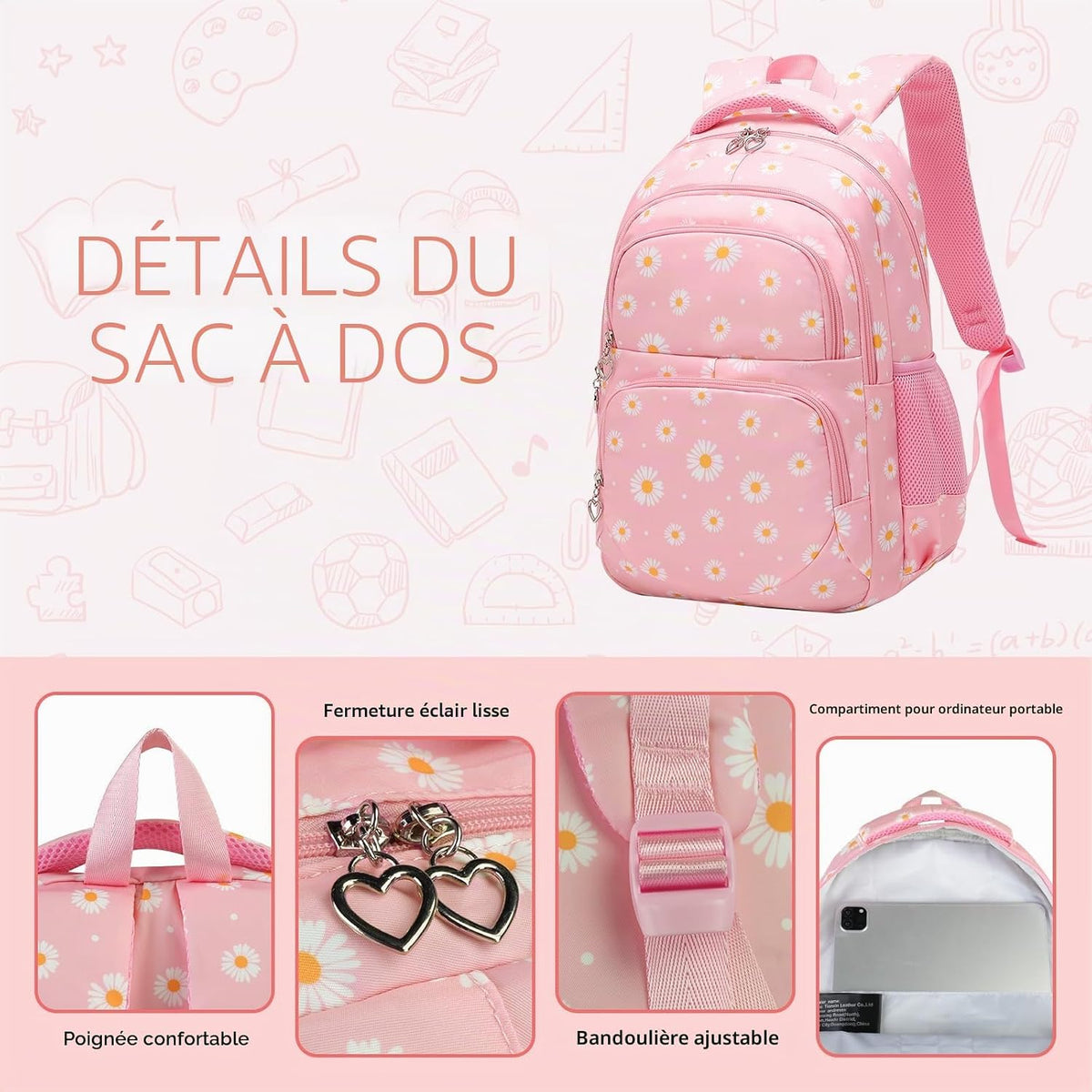 Sac À Dos D'École Pour Filles, Adolescentes, Femmes, Sac D'École, Sac À Dos Pour Filles, École, Loisirs, Avec Sac À Déjeuner, Sac Et Trousse, Rose, L 29Cm X B 16Cm X H 42,9Cm, Ensemble