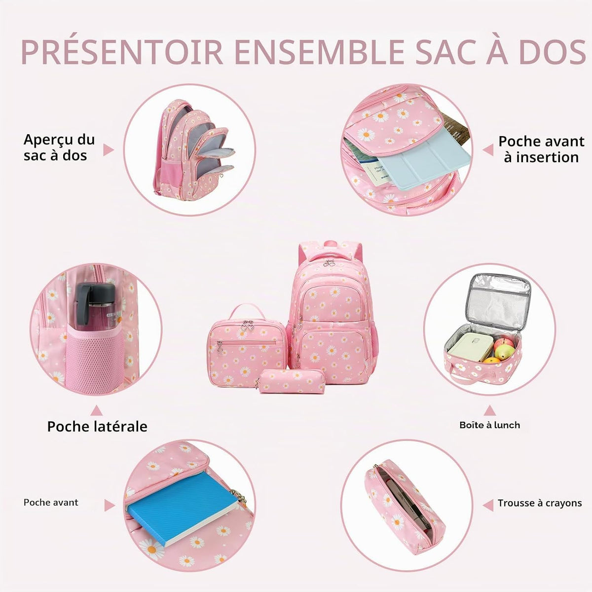 Sac À Dos D'École Pour Filles, Adolescentes, Femmes, Sac D'École, Sac À Dos Pour Filles, École, Loisirs, Avec Sac À Déjeuner, Sac Et Trousse, Rose, L 29Cm X B 16Cm X H 42,9Cm, Ensemble