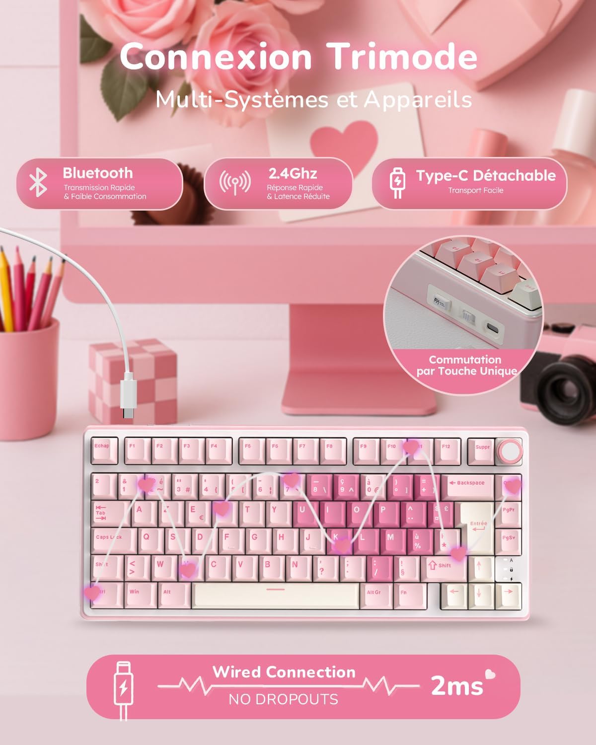 R75 Clavier Gamer Tir Mode Gasket Mounted, Clavier Sans Fil Mécanique RVB, AZERTY Français Avec Knob, Clavier TKL 75% Hot Swap Qmk/Via, PBT Keycaps, Pink