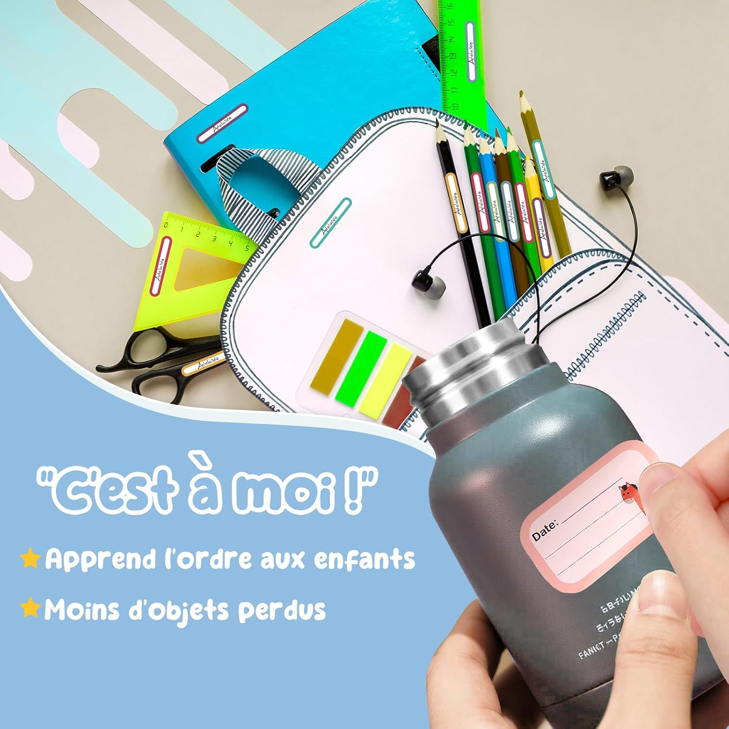 Étiquettes Fournitures Scolaires Autocollantes Personnalisées 290PCS, 3 Tailles (0,8X4,8Cm, 2,9X4,8Cm, 2X2,9Cm) Pour Stylos, Cahiers, Lavables, Étiquettes Prénom Enfant