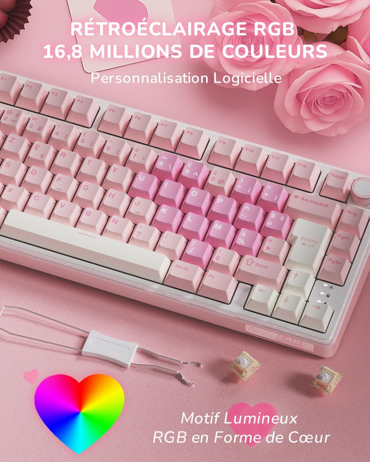 R75 Clavier Gamer Tir Mode Gasket Mounted, Clavier Sans Fil Mécanique RVB, AZERTY Français Avec Knob, Clavier TKL 75% Hot Swap Qmk/Via, PBT Keycaps, Pink