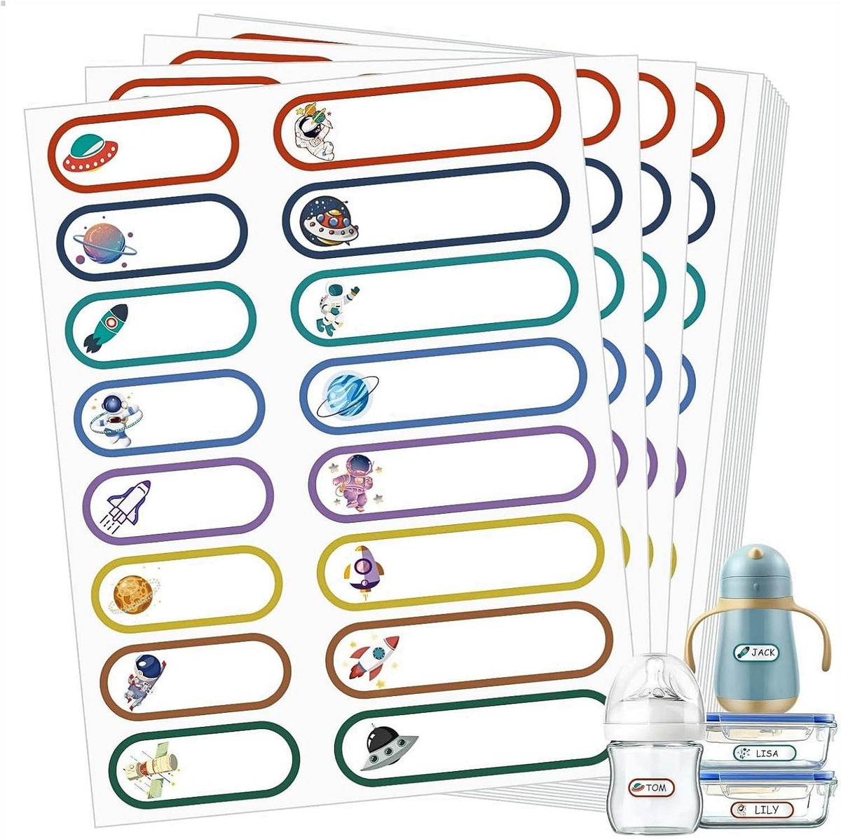 80 Étiquettes Scolaires Autocollantes (5 Planches) Thème Espace, Autocollants Prénom Imperméables Pour Stylos, Crayons Et Objets Scolaires, Idéal Pour Éviter Les Pertes