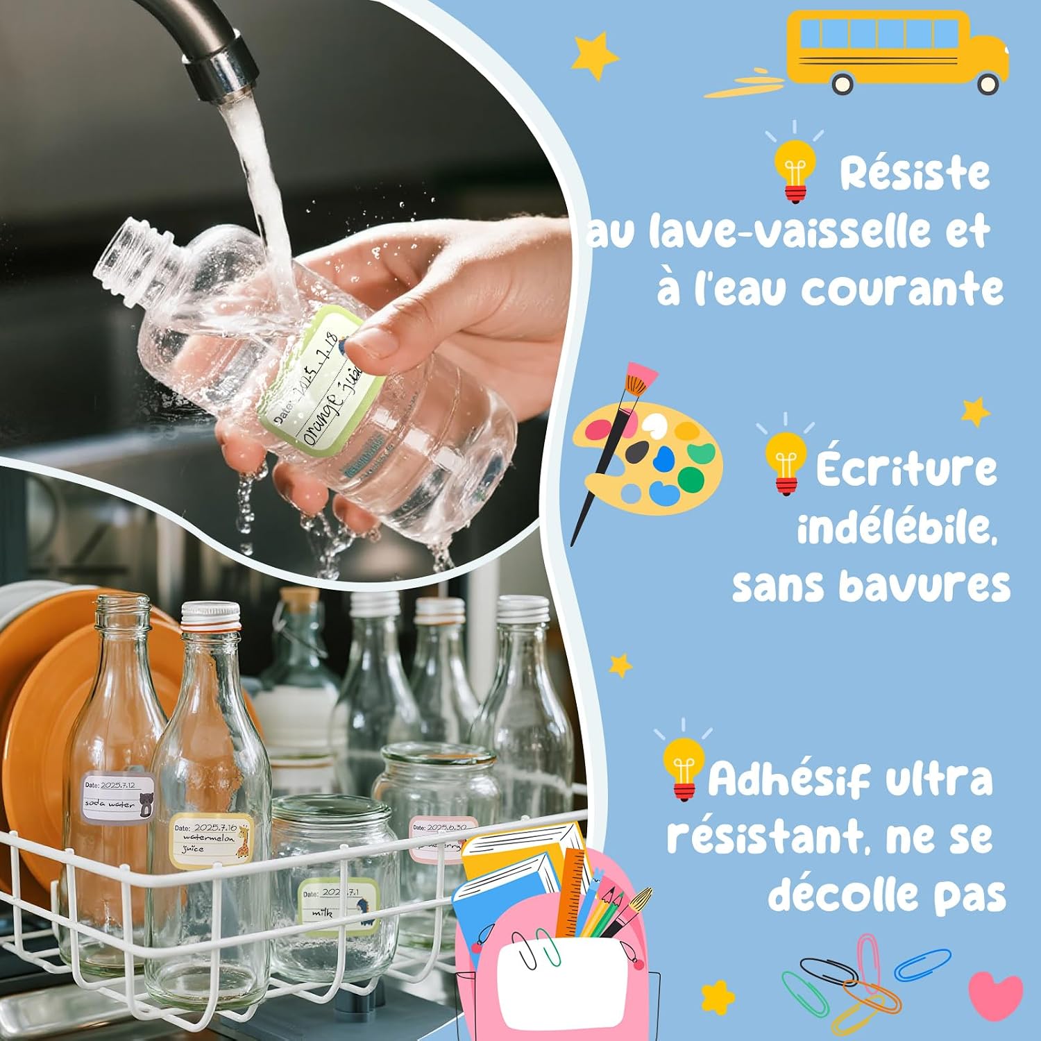 Étiquettes Fournitures Scolaires Autocollantes Personnalisées 290PCS, 3 Tailles (0,8X4,8Cm, 2,9X4,8Cm, 2X2,9Cm) Pour Stylos, Cahiers, Lavables, Étiquettes Prénom Enfant