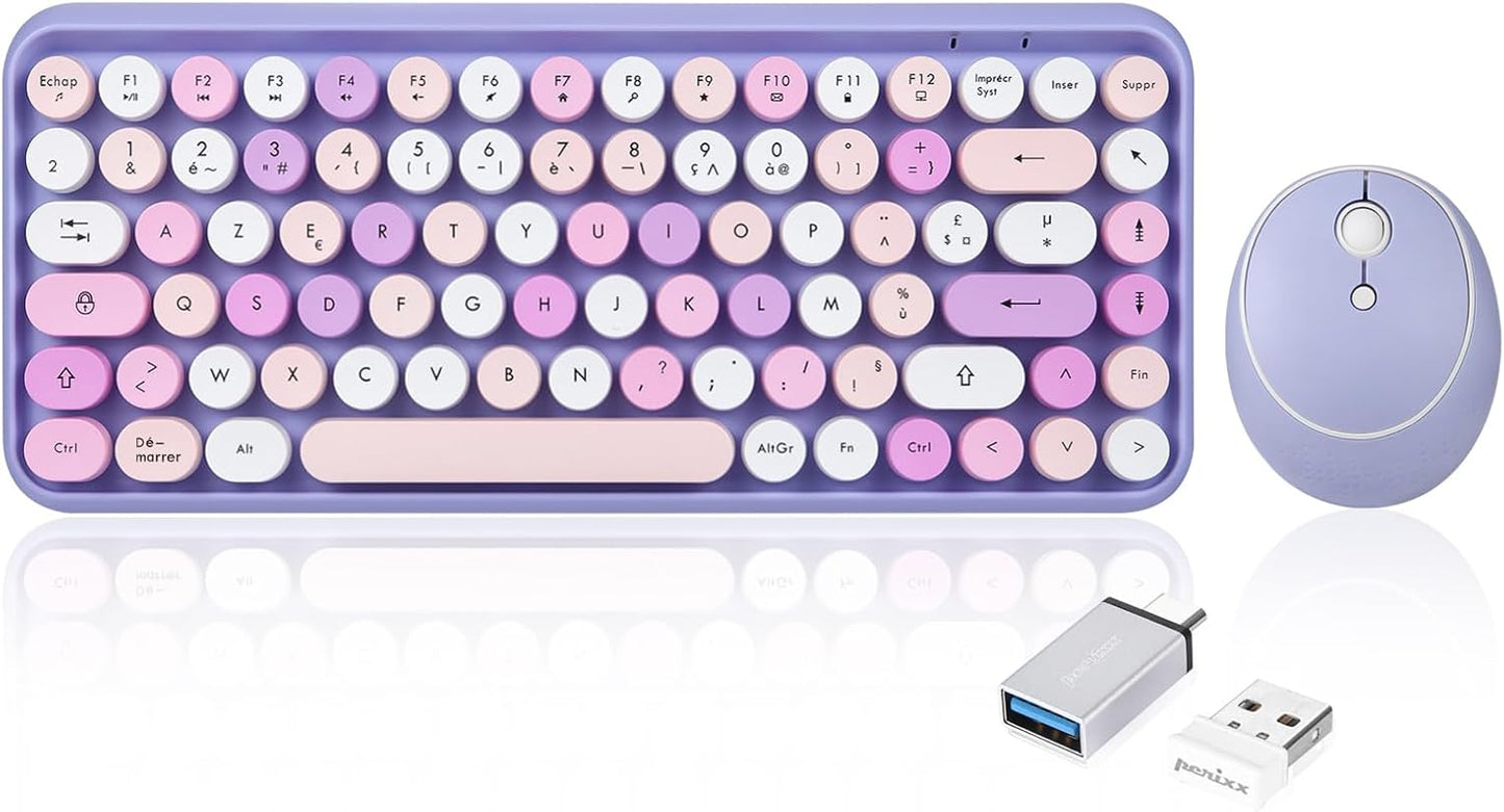 PERIDUO-713 Ensemble Mini Clavier Et Souris Sans Fil 2.4 Ghz, Touches De Style Rétro Arrondies, Violette, AZERTY