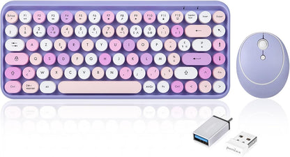 PERIDUO-713 Ensemble Mini Clavier Et Souris Sans Fil 2.4 Ghz, Touches De Style Rétro Arrondies, Violette, AZERTY