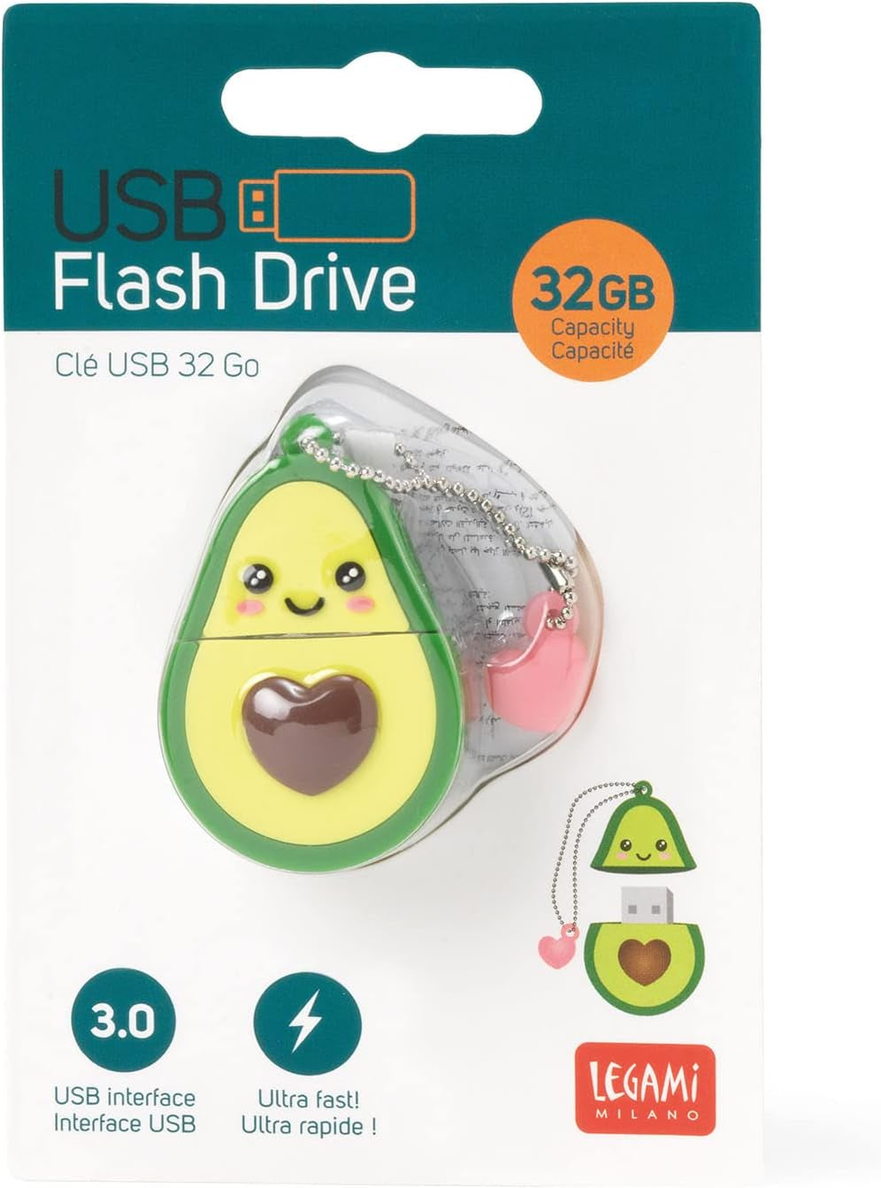 - Chiavetta USB 3.0, 32 GB, Ultra Veloce, Rivestimento in Morbido PVC, 4X4,8 Cm, Tema Avocado