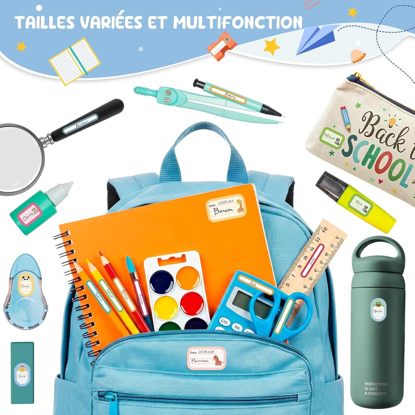 Étiquettes Fournitures Scolaires Autocollantes Personnalisées 290PCS, 3 Tailles (0,8X4,8Cm, 2,9X4,8Cm, 2X2,9Cm) Pour Stylos, Cahiers, Lavables, Étiquettes Prénom Enfant