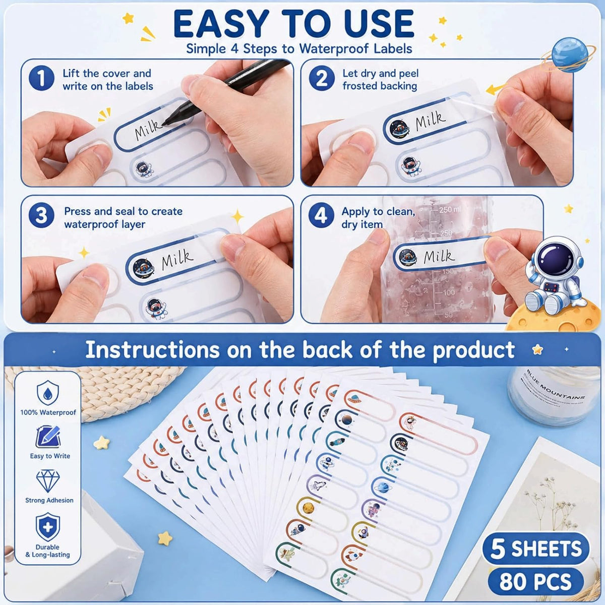 80 Étiquettes Scolaires Autocollantes (5 Planches) Thème Espace, Autocollants Prénom Imperméables Pour Stylos, Crayons Et Objets Scolaires, Idéal Pour Éviter Les Pertes