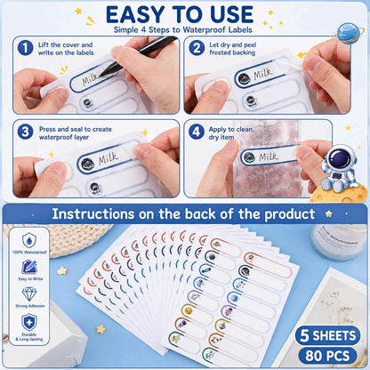 80 Étiquettes Scolaires Autocollantes (5 Planches) Thème Espace, Autocollants Prénom Imperméables Pour Stylos, Crayons Et Objets Scolaires, Idéal Pour Éviter Les Pertes