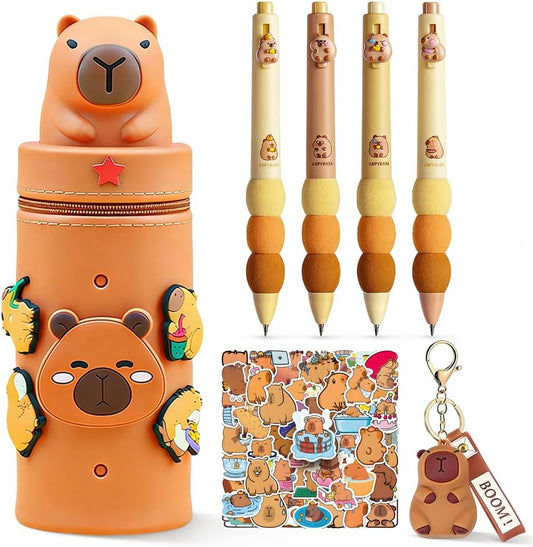 Trousse Capybara Avec Stylo Multicolores, Porte-Clés, Trousse 2 En 1 En Silicone Extensible, Papeterie Scolaire Kawaii, Cadeau Pour Enfant, Fournitures Scolaires Et Autocollants (C6)