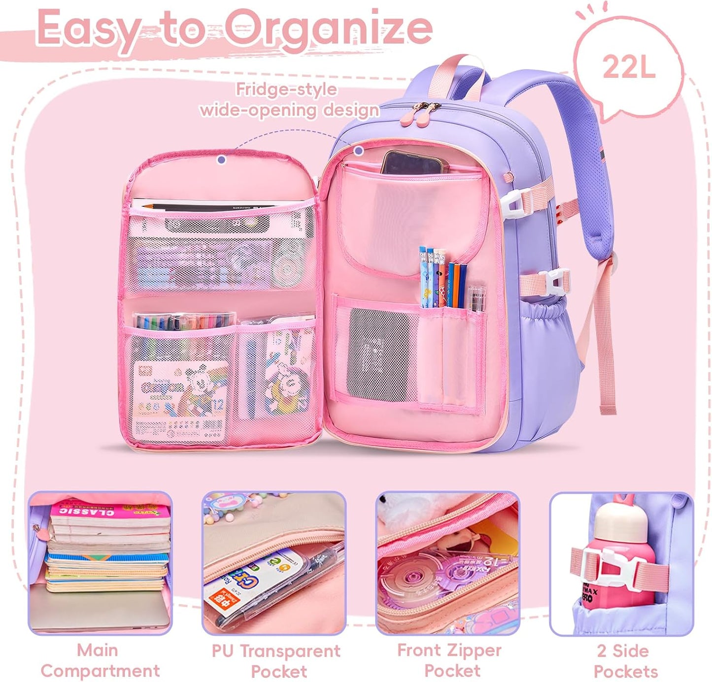 Sac D'École Fille Primaire, Cartable Scolaire Kawaii En 3 Pièces | Léger Et Confortable Sac À Dos Fille Avec Sac Repas Et Trousses, CE1 Au CM2, Violet
