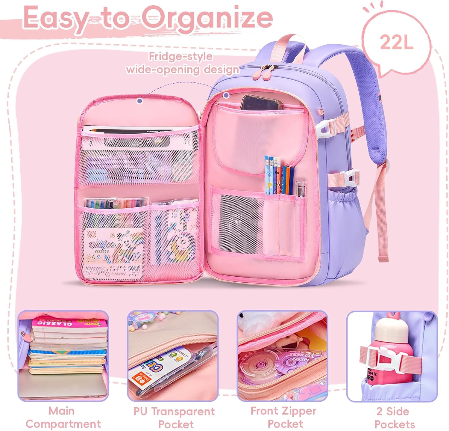 Sac D'École Fille Primaire, Cartable Scolaire Kawaii En 3 Pièces | Léger Et Confortable Sac À Dos Fille Avec Sac Repas Et Trousses, CE1 Au CM2, Violet