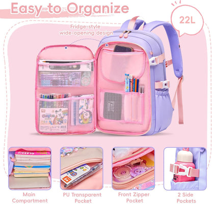 Sac D'École Fille Primaire, Cartable Scolaire Kawaii En 3 Pièces | Léger Et Confortable Sac À Dos Fille Avec Sac Repas Et Trousses, CE1 Au CM2, Violet