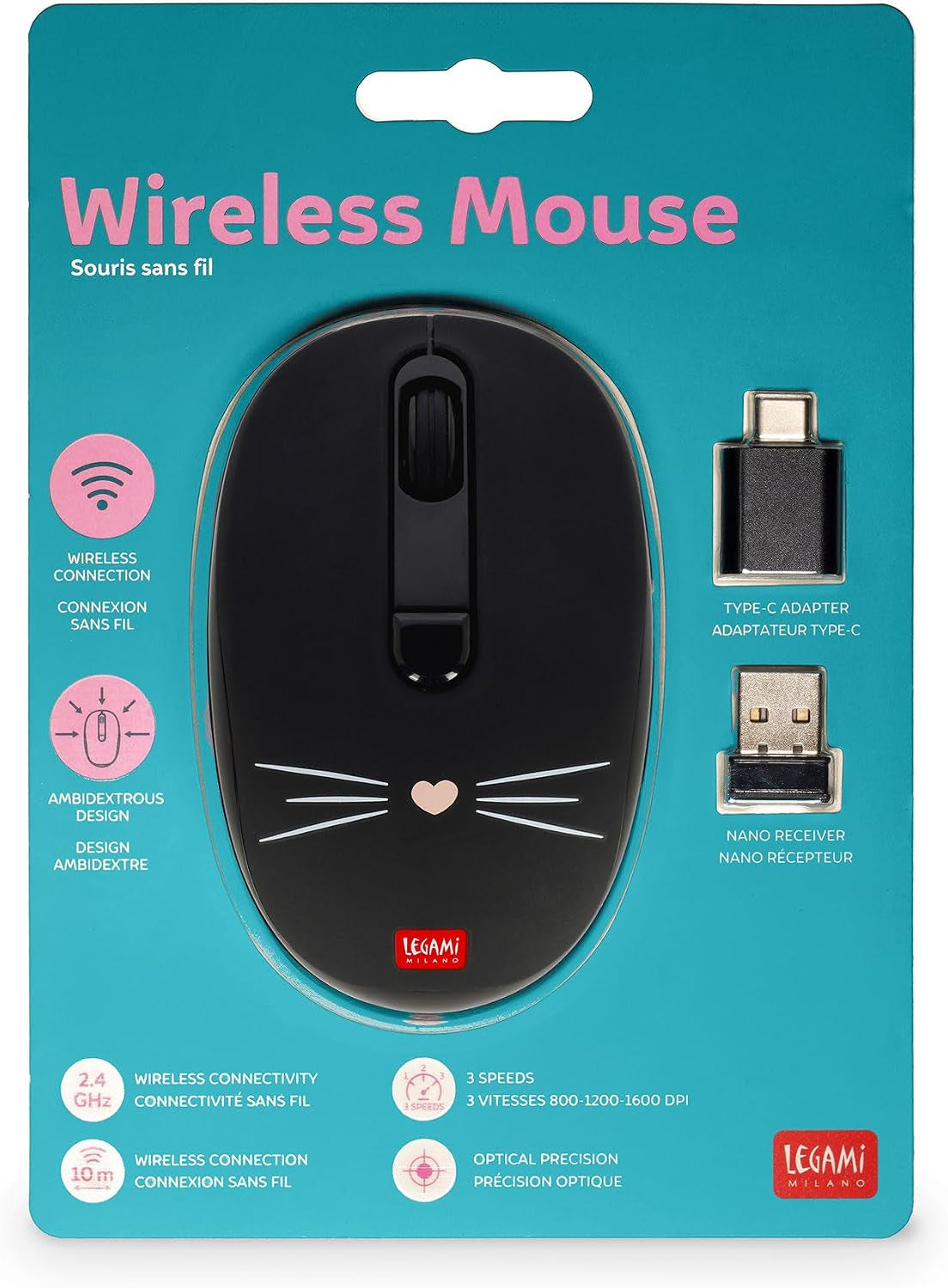 - Souris Sans Fil Avec Récepteur USB Ultra Compact, Kitty, 3 Options De Vitesse, Matériau ABS, Connexion Sans Fil Jusqu'À 10 M
