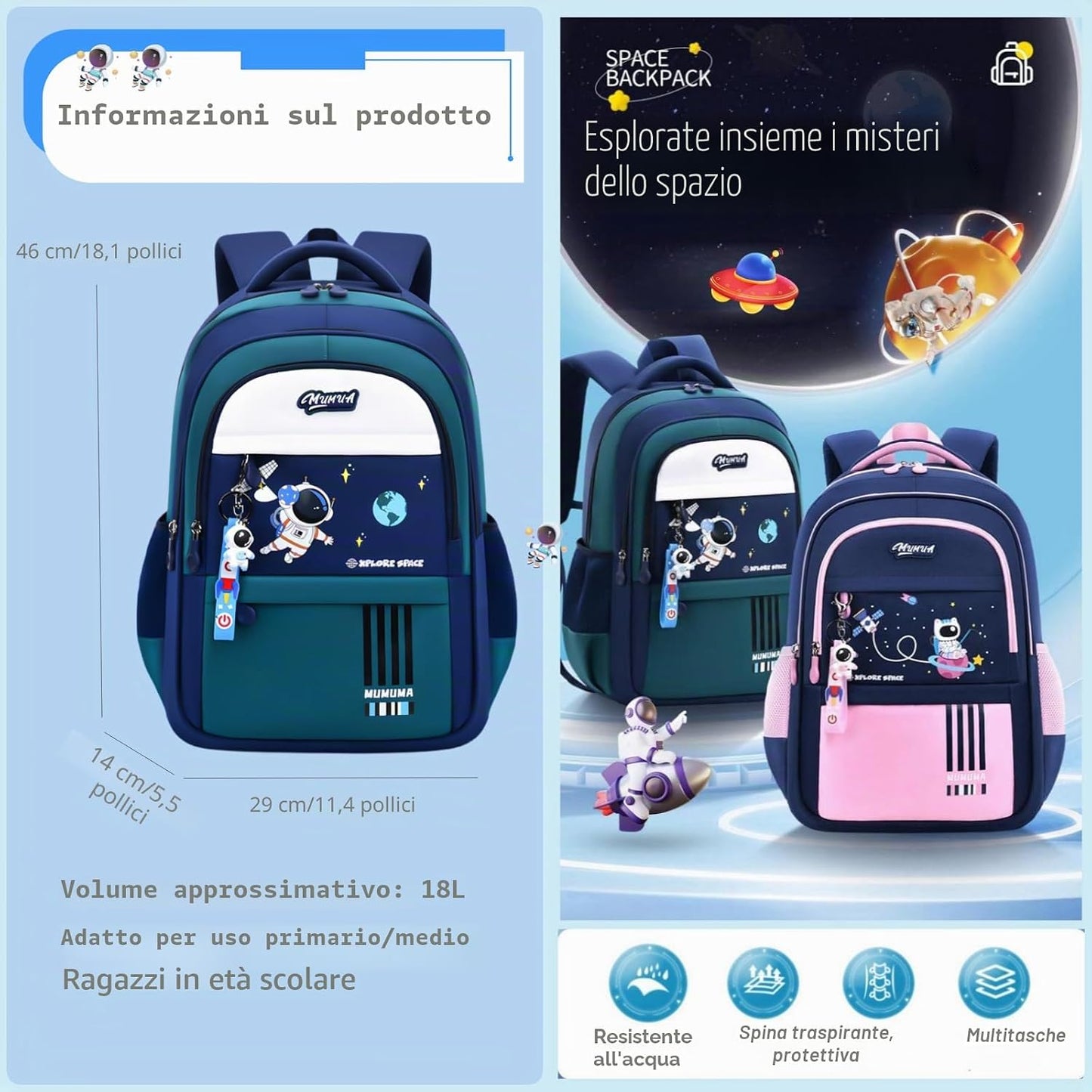 Zaini Spaziali per Ragazzi E Ragazze Con Ciondolo Astronauta, M