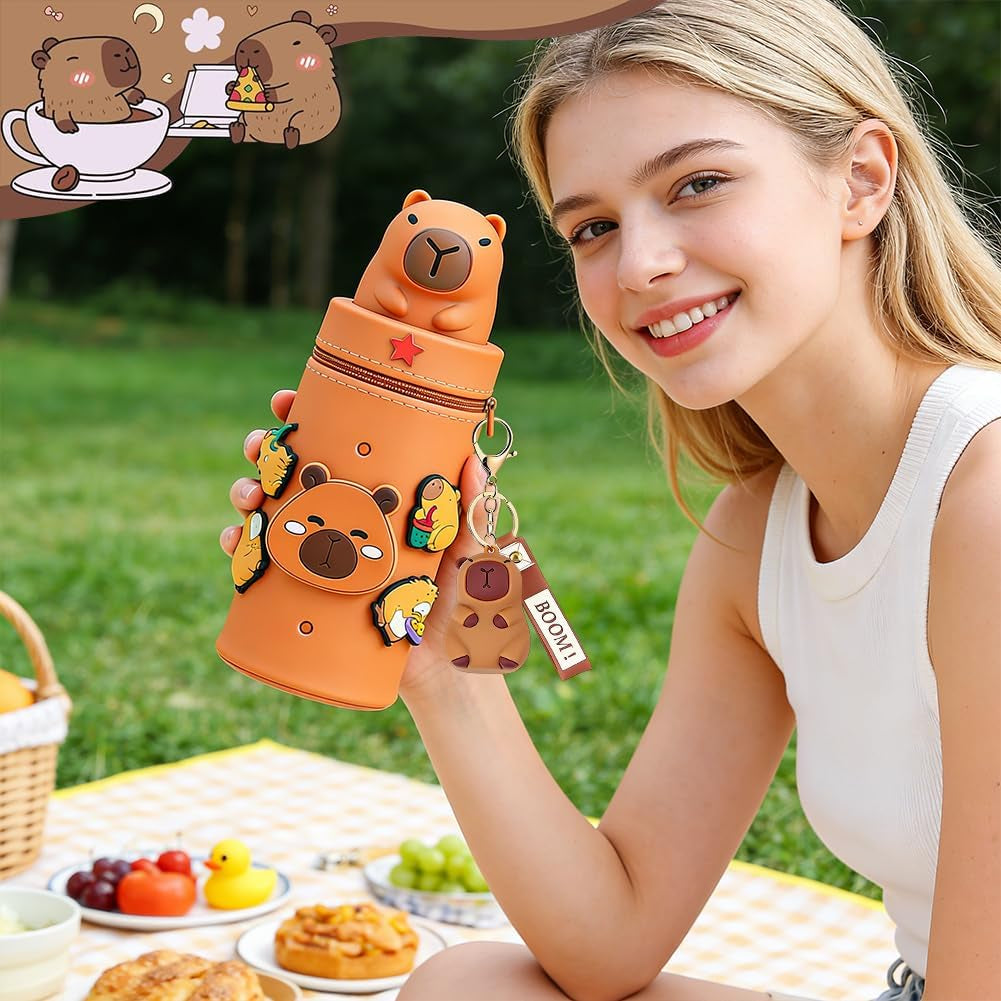 Trousse Capybara Avec Stylo Multicolores, Porte-Clés, Trousse 2 En 1 En Silicone Extensible, Papeterie Scolaire Kawaii, Cadeau Pour Enfant, Fournitures Scolaires Et Autocollants (C6)
