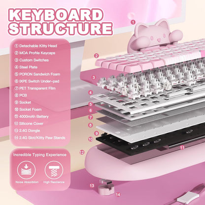 C68 Wireless Mechanical Keyboard,65% Layout,Hot Swap,Triple Mode Bt5.0/2.4G/Wired, RGB Backlit NKRO (Pink, Milk Switch)