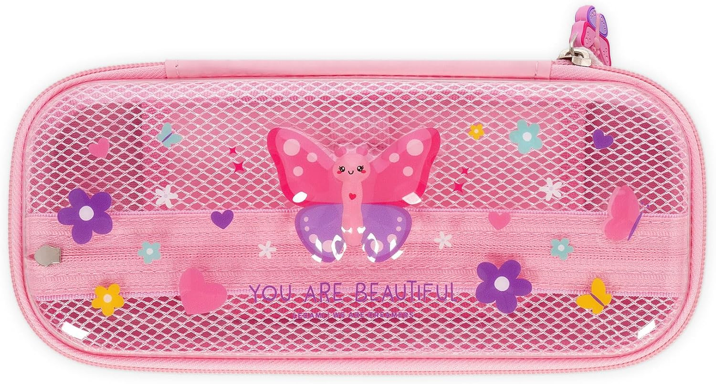 Legami Wonderwow Pencil Case – 2 Compartments, Pen Holder, Mesh Inner Pocket, Zip Closure, 23x11x5cm, Butterfly Design