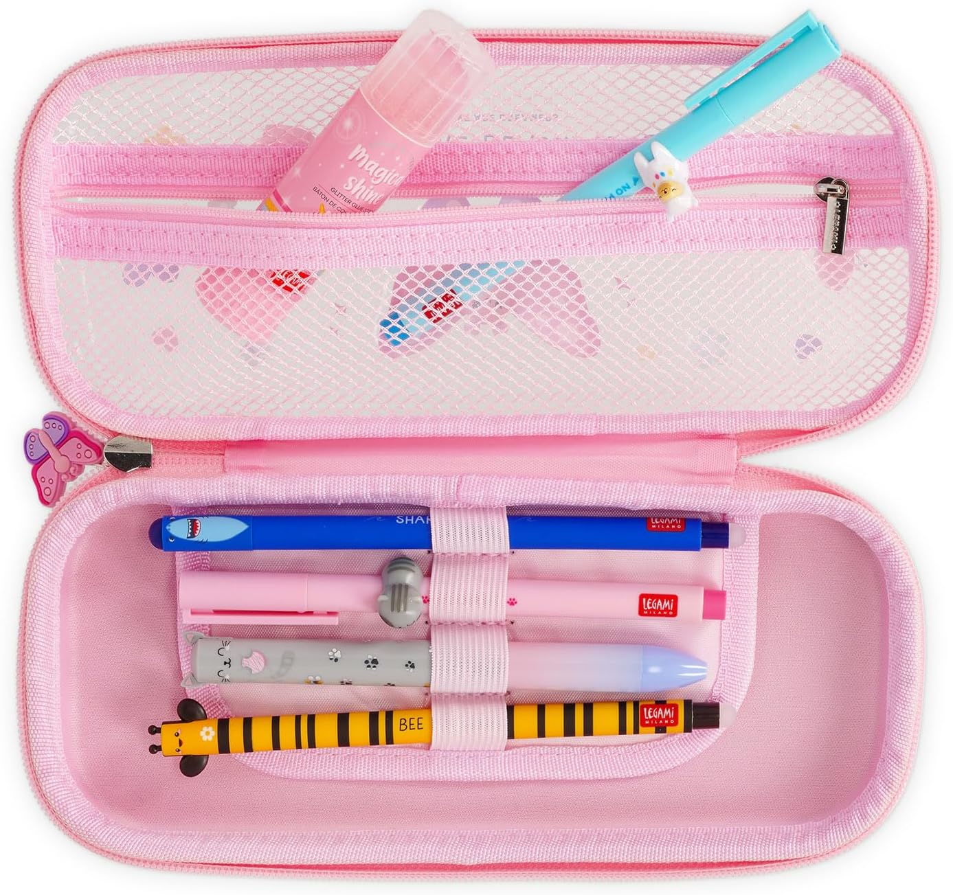 Legami Wonderwow Pencil Case – 2 Compartments, Pen Holder, Mesh Inner Pocket, Zip Closure, 23x11x5cm, Butterfly Design