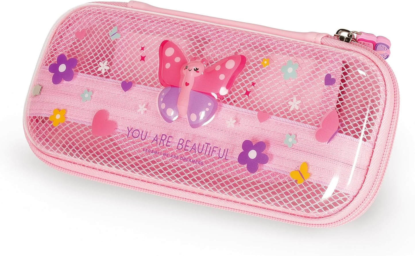 Legami Wonderwow Pencil Case – 2 Compartments, Pen Holder, Mesh Inner Pocket, Zip Closure, 23x11x5cm, Butterfly Design