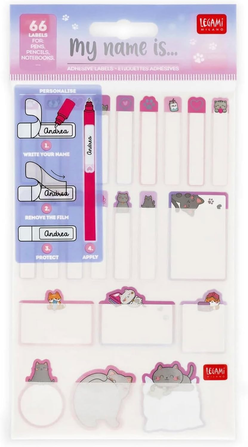 Legami My Name Is Kitty Self-Adhesive Name Labels – 66 Pieces, Protective Film, Multiple Shapes, Kawaii Cat Design