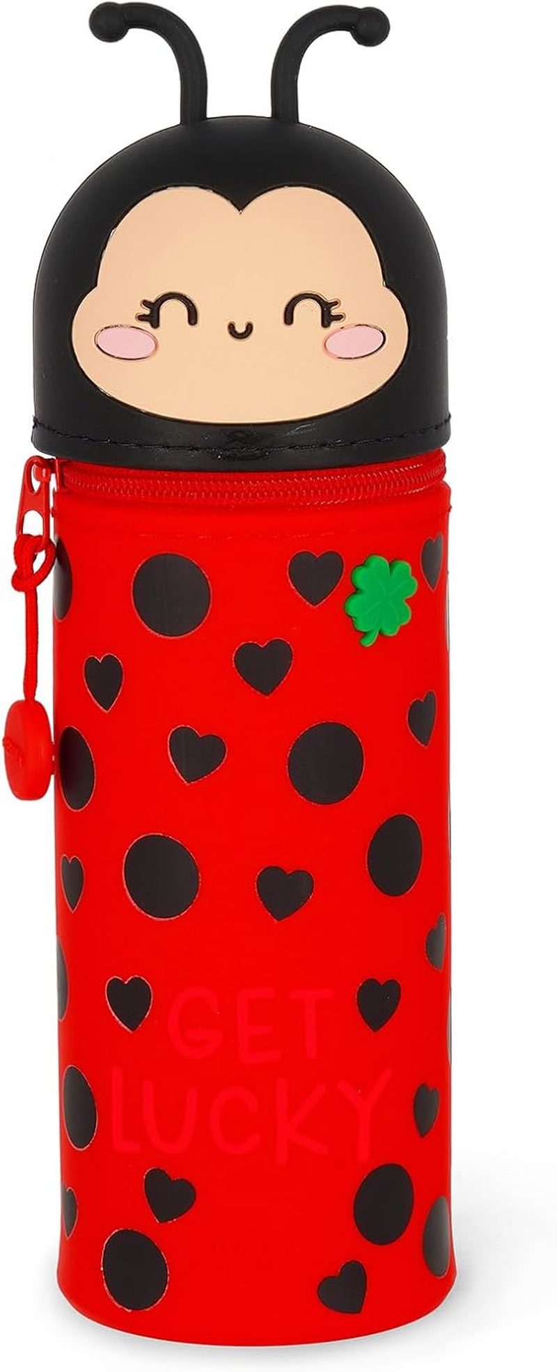 Legami Kawaii 2-in-1 Silicone Pencil Case & Desk Pen Holder – Retractable, Zip Closure, Holds 15 Pens, 21.7cm, Ladybug Design