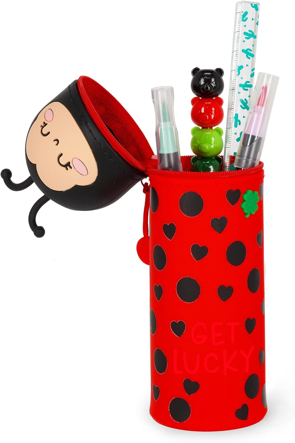 Legami Kawaii 2-in-1 Silicone Pencil Case & Desk Pen Holder – Retractable, Zip Closure, Holds 15 Pens, 21.7cm, Ladybug Design