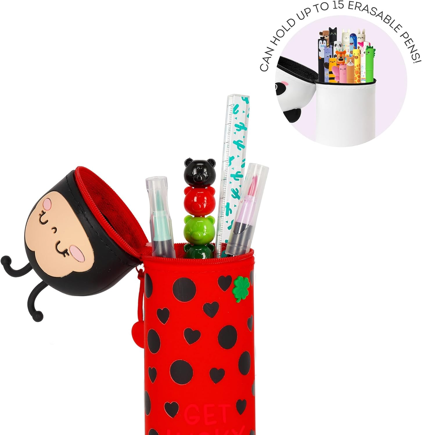 Legami Kawaii 2-in-1 Silicone Pencil Case & Desk Pen Holder – Retractable, Zip Closure, Holds 15 Pens, 21.7cm, Ladybug Design