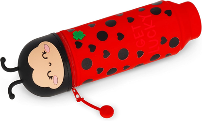 Legami Kawaii 2-in-1 Silicone Pencil Case & Desk Pen Holder – Retractable, Zip Closure, Holds 15 Pens, 21.7cm, Ladybug Design