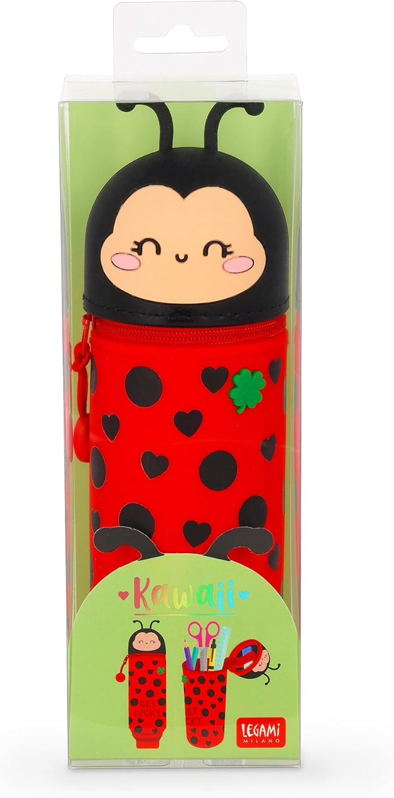 Legami Kawaii 2-in-1 Silicone Pencil Case & Desk Pen Holder – Retractable, Zip Closure, Holds 15 Pens, 21.7cm, Ladybug Design