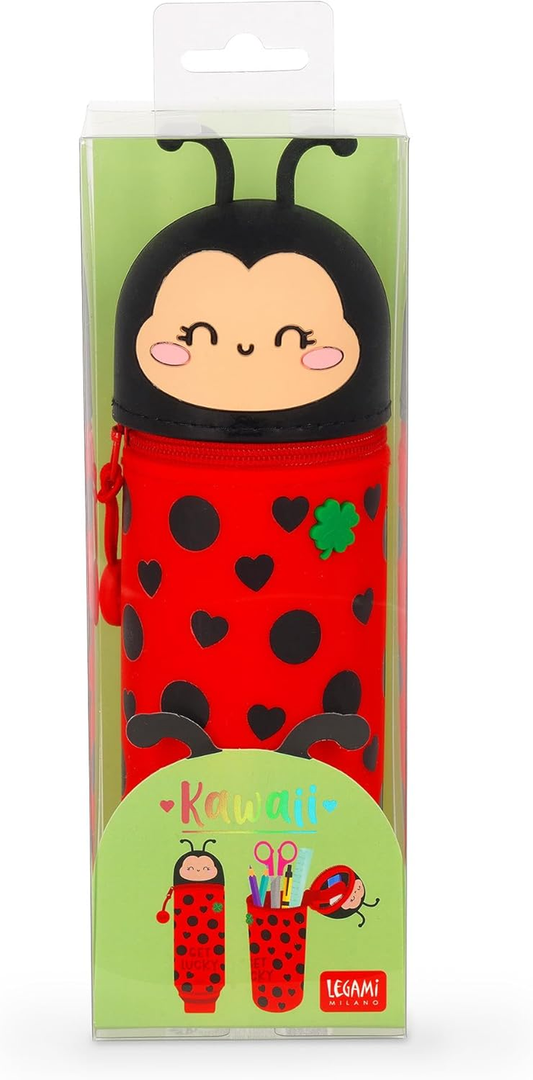 Legami Kawaii 2-in-1 Silicone Pencil Case & Desk Pen Holder – Retractable, Zip Closure, Holds 15 Pens, 21.7cm, Ladybug Design