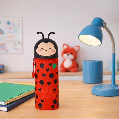 Legami Kawaii 2-in-1 Silicone Pencil Case & Desk Pen Holder – Retractable, Zip Closure, Holds 15 Pens, 21.7cm, Ladybug Design