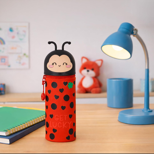 Legami Kawaii 2-in-1 Silicone Pencil Case & Desk Pen Holder – Retractable, Zip Closure, Holds 15 Pens, 21.7cm, Ladybug Design