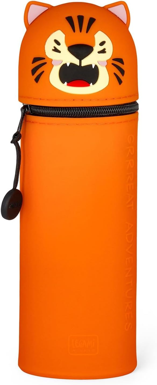 Legami Kawaii 2-in-1 Silicone Pencil Case & Desk Pen Holder – Retractable, Zip Closure, Holds 15 Pens, 18.5cm, Tiger Design