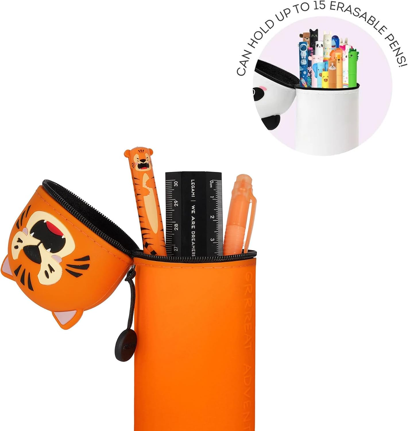 Legami Kawaii 2-in-1 Silicone Pencil Case & Desk Pen Holder – Retractable, Zip Closure, Holds 15 Pens, 18.5cm, Tiger Design