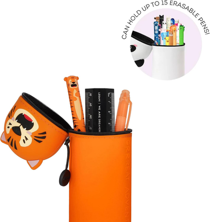 Legami Kawaii 2-in-1 Silicone Pencil Case & Desk Pen Holder – Retractable, Zip Closure, Holds 15 Pens, 18.5cm, Tiger Design