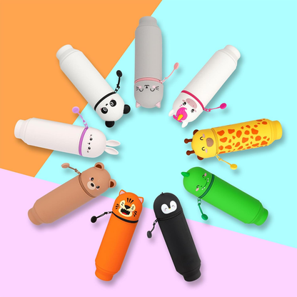 Legami Kawaii 2-in-1 Silicone Pencil Case & Desk Pen Holder – Retractable, Zip Closure, Holds 15 Pens, 18.5cm, Tiger Design
