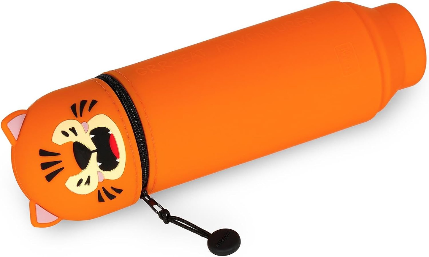 Legami Kawaii 2-in-1 Silicone Pencil Case & Desk Pen Holder – Retractable, Zip Closure, Holds 15 Pens, 18.5cm, Tiger Design