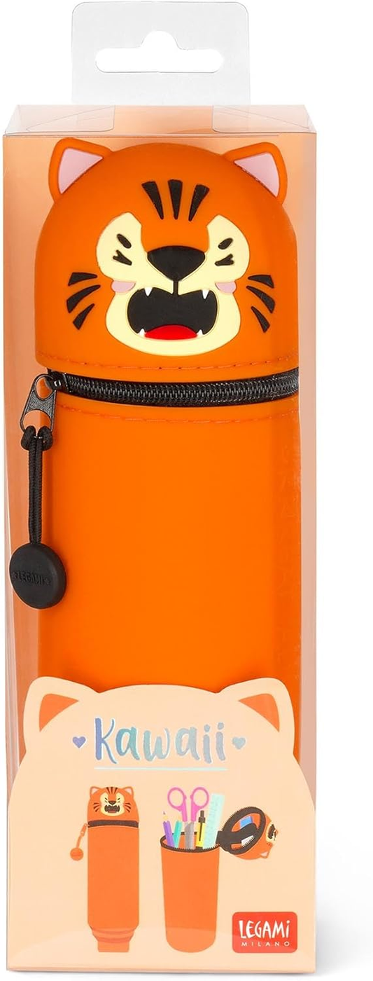 Legami Kawaii 2-in-1 Silicone Pencil Case & Desk Pen Holder – Retractable, Zip Closure, Holds 15 Pens, 18.5cm, Tiger Design