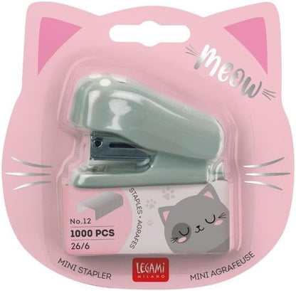Legami Meow Mini Stapler – Kitty Design, Built-In Staple Remover, 1000 Staples Included, 3.3x4.5cm Plastic