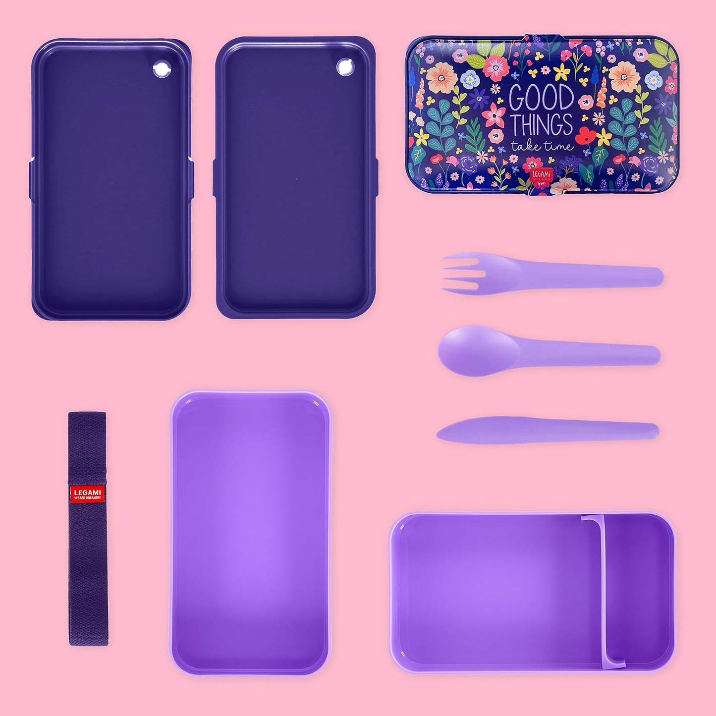 Legami Flowers Lunch Box with 3-Piece Cutlery Set – 1200ml, Leakproof, Microwave, Dishwasher & Freezer Safe, 18.2x10x10.3cm