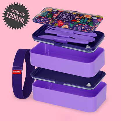 Legami Flowers Lunch Box with 3-Piece Cutlery Set – 1200ml, Leakproof, Microwave, Dishwasher & Freezer Safe, 18.2x10x10.3cm