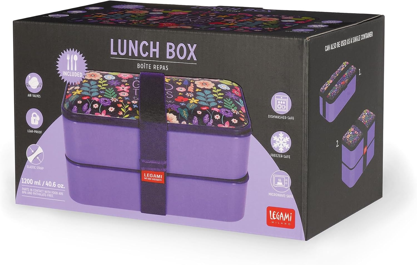 Legami Flowers Lunch Box with 3-Piece Cutlery Set – 1200ml, Leakproof, Microwave, Dishwasher & Freezer Safe, 18.2x10x10.3cm