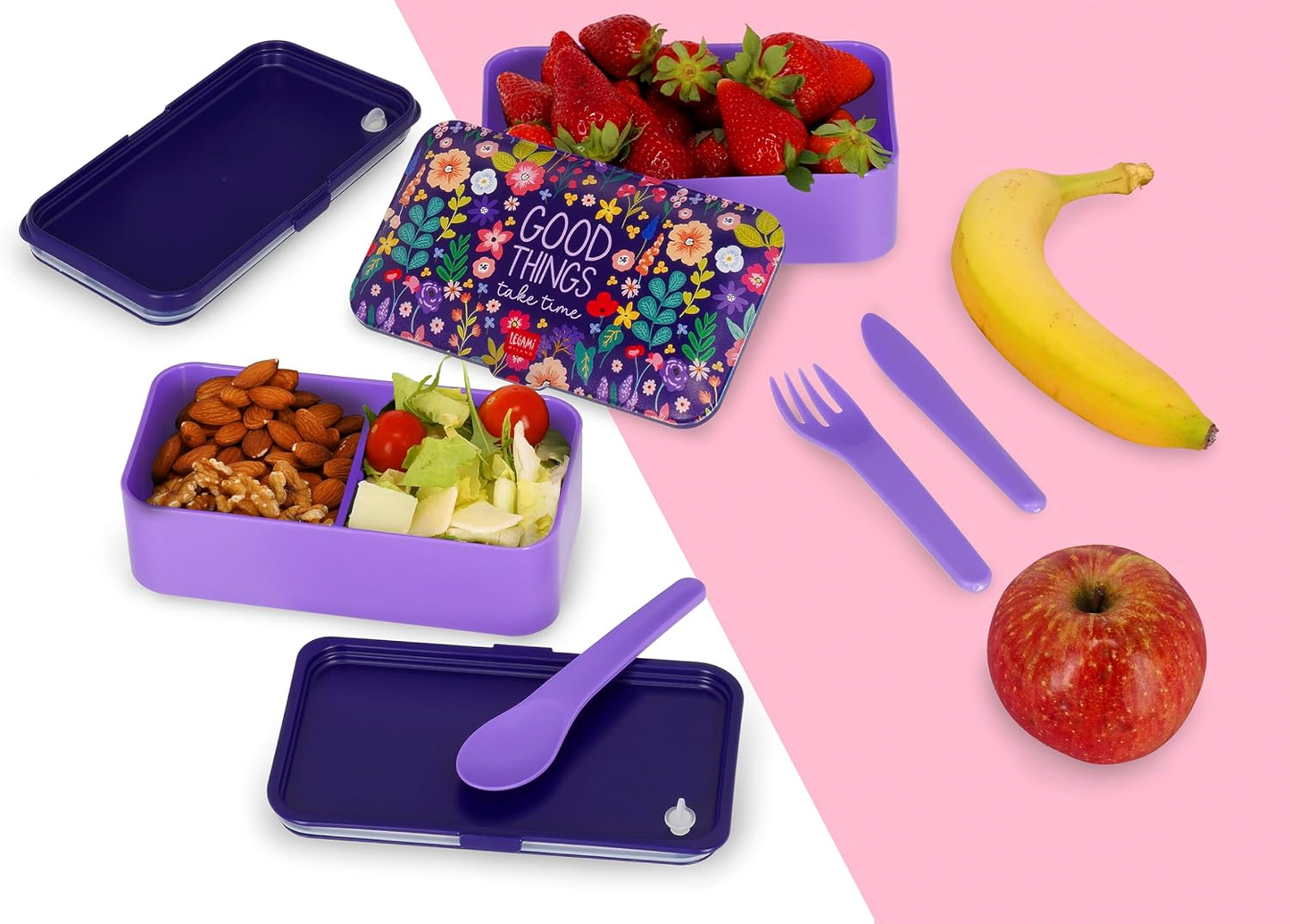 Legami Flowers Lunch Box with 3-Piece Cutlery Set – 1200ml, Leakproof, Microwave, Dishwasher & Freezer Safe, 18.2x10x10.3cm