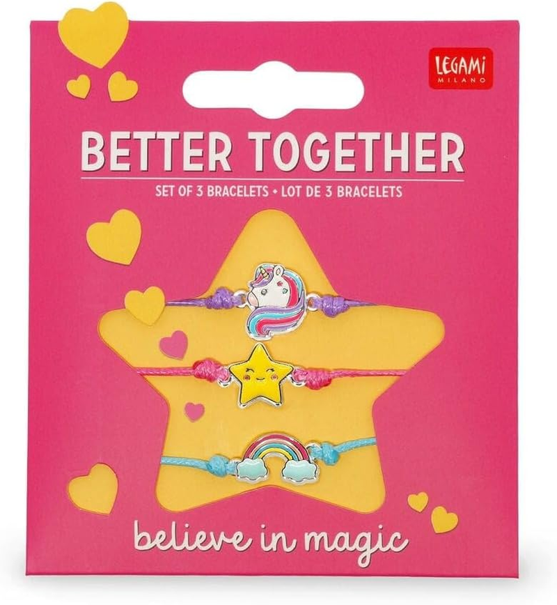 Legami Better Together Unicorn Bracelet Set – 3 Friendship Bracelets, Enamel Charm, Adjustable Cord, Zinc Alloy