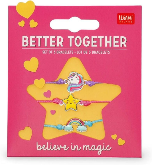 Legami Better Together Unicorn Bracelet Set – 3 Friendship Bracelets, Enamel Charm, Adjustable Cord, Zinc Alloy