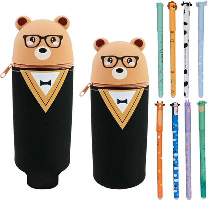 Kawaii Bear 2-in-1 Silicone Pencil Case | 8 Erasable Gel Pens, Foldable Pen Holder for School