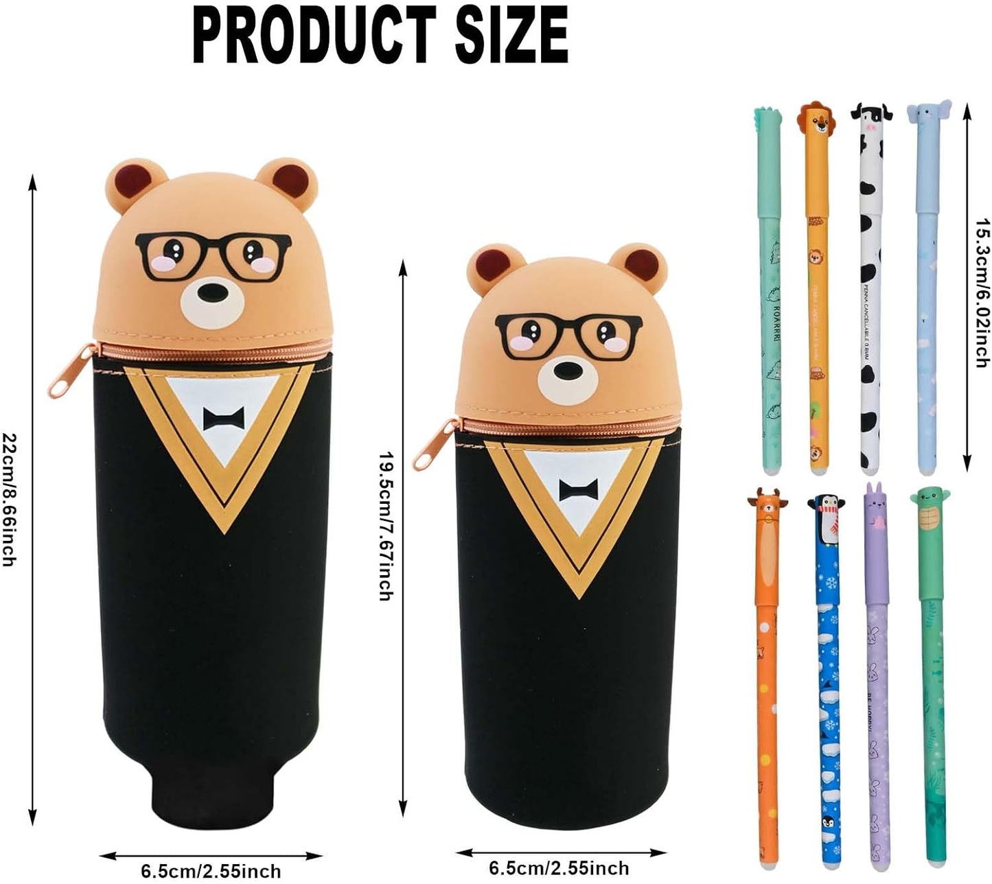Kawaii Bear 2-in-1 Silicone Pencil Case | 8 Erasable Gel Pens, Foldable Pen Holder for School